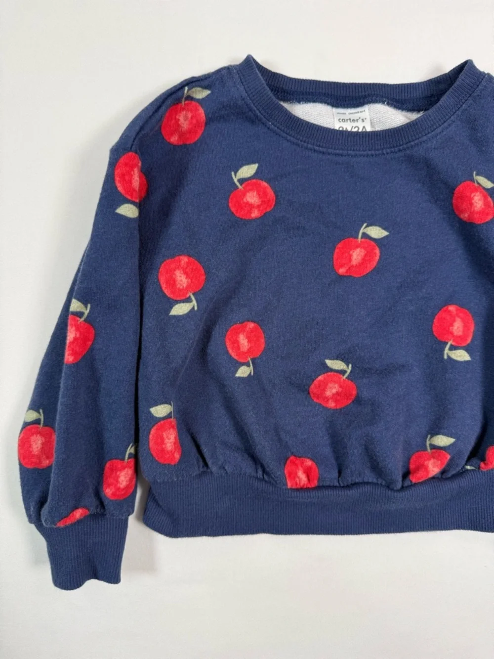CARTERS Girls Apple Print Sweatshirt 2T‎ Navy Red Fruit Cozy Cottagecore Preppy